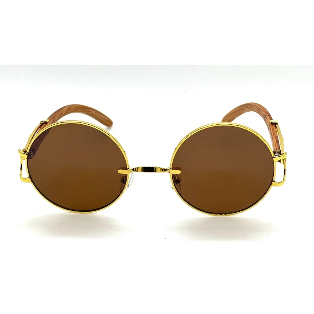 Round Sunglasses Gold Frame Wood Temple‎ Men's Fashion Statement Street Wear Rap